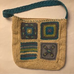 Boho woven knit shoulder bag purse paper straw cream blue green purple 90s y2k
